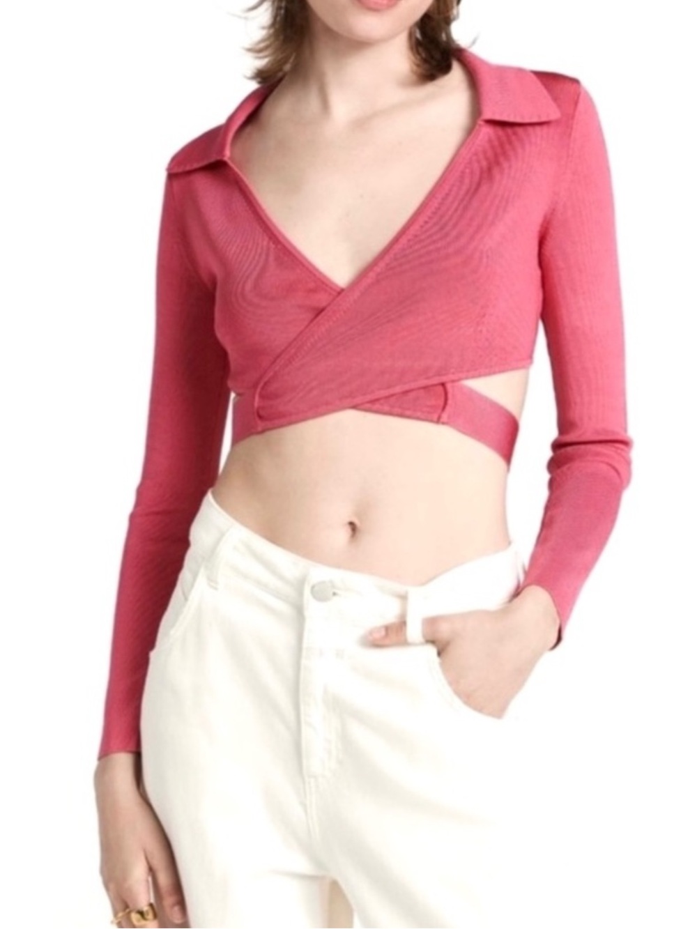 CULT GAIA PINK KNIT CROPPED WRAP TOP